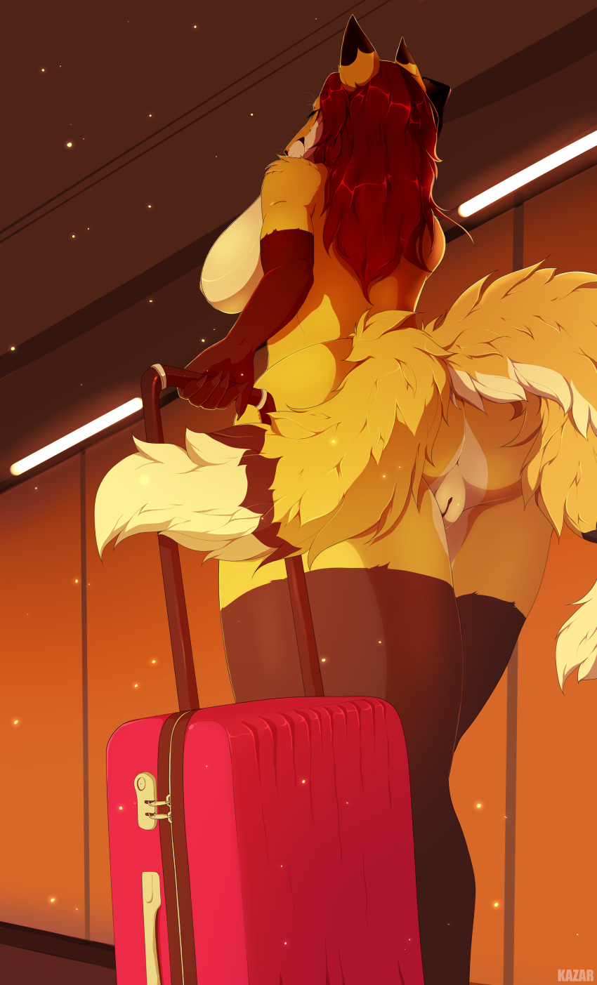 2022 3_tails absurd_res airport anthro big_breasts breasts brown_body brown_fur butt canid canine clothed clothing digital_drawing_(artwork) digital_media_(artwork) dipstick_tail dress english_text ezo_red_fox facial_markings female fox fur genitals hair head_markings hi_res inside kazarart mammal markings multi_tail multicolored_ears multicolored_tail nude pink_suitcase presenting presenting_hindquarters presenting_pussy pussy red_fox red_hair solo suitcase tail_markings text view_from_below vulpes_foxnik white_body white_fur yellow_body yellow_fur