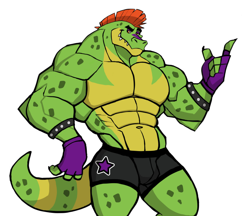 abs absurd_res alligator alligatorid anthro big_muscles black_clothing black_underwear bracelet clothed clothing crocodilian darknaigart fingerless_gloves five_nights_at_freddy's five_nights_at_freddy's:_security_breach gloves green_body hair handwear hi_res jewelry male mohawk montgomery_gator_(fnaf) muscular muscular_anthro muscular_male pecs red_hair reptile scalie scottgames simple_background solo topless underwear video_games white_background