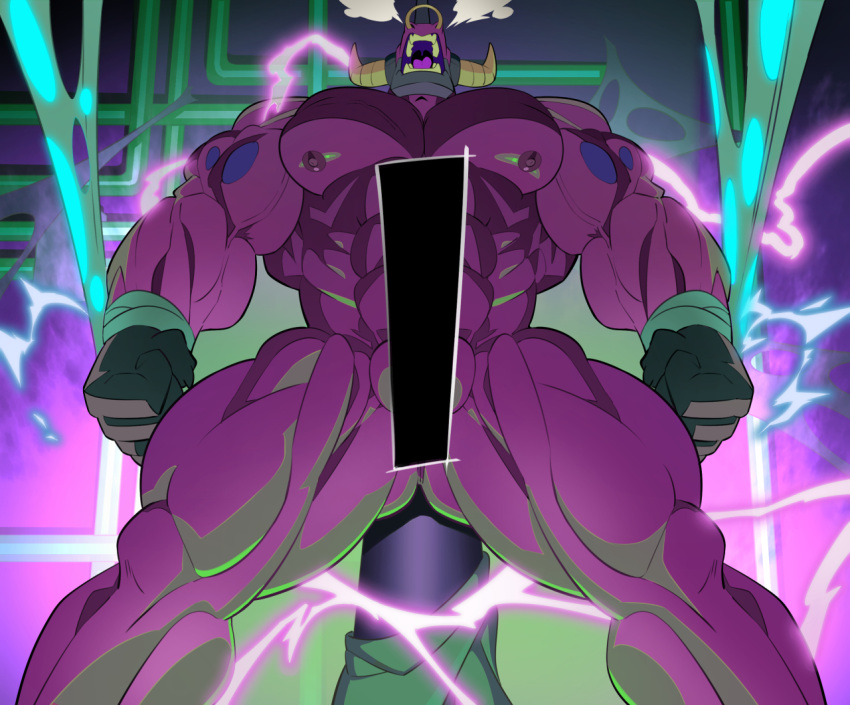 abs anthro biceps bound bovid bovine cattle censored demon demon_bull_king electricity electrocution hands_tied horn lego_monkie_kid male mammal muscular muscular_anthro muscular_male nose_steam open_mouth pecs purple_body solo spider_web struggling teeth thymilph