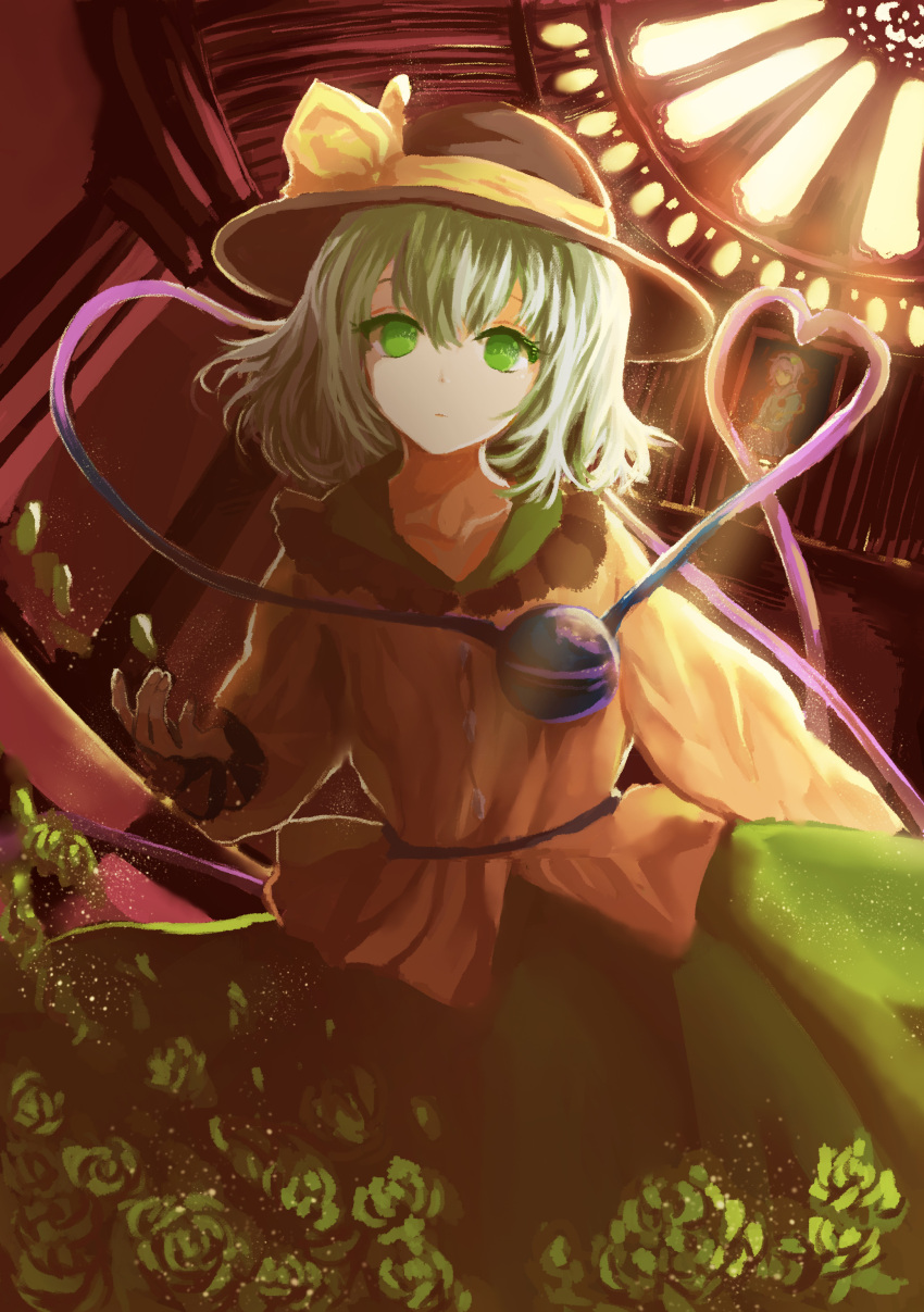 1girl absurdres blouse buttons closed_mouth collarbone collared_blouse day diamond_button dress duplicate expressionless fingernails floral_print frilled_dress frilled_sleeves frills green_eyes green_hair green_skirt hat hat_ribbon heart highres komeiji_koishi komeiji_satori light_particles long_sleeves looking_at_viewer medium_hair no_lineart oil_painting_(medium) painting_(medium) painting_(object) petals pixel-perfect_duplicate ribbon skirt solo sunlight ten_(cherry61897) third_eye touhou traditional_media yellow_ribbon
