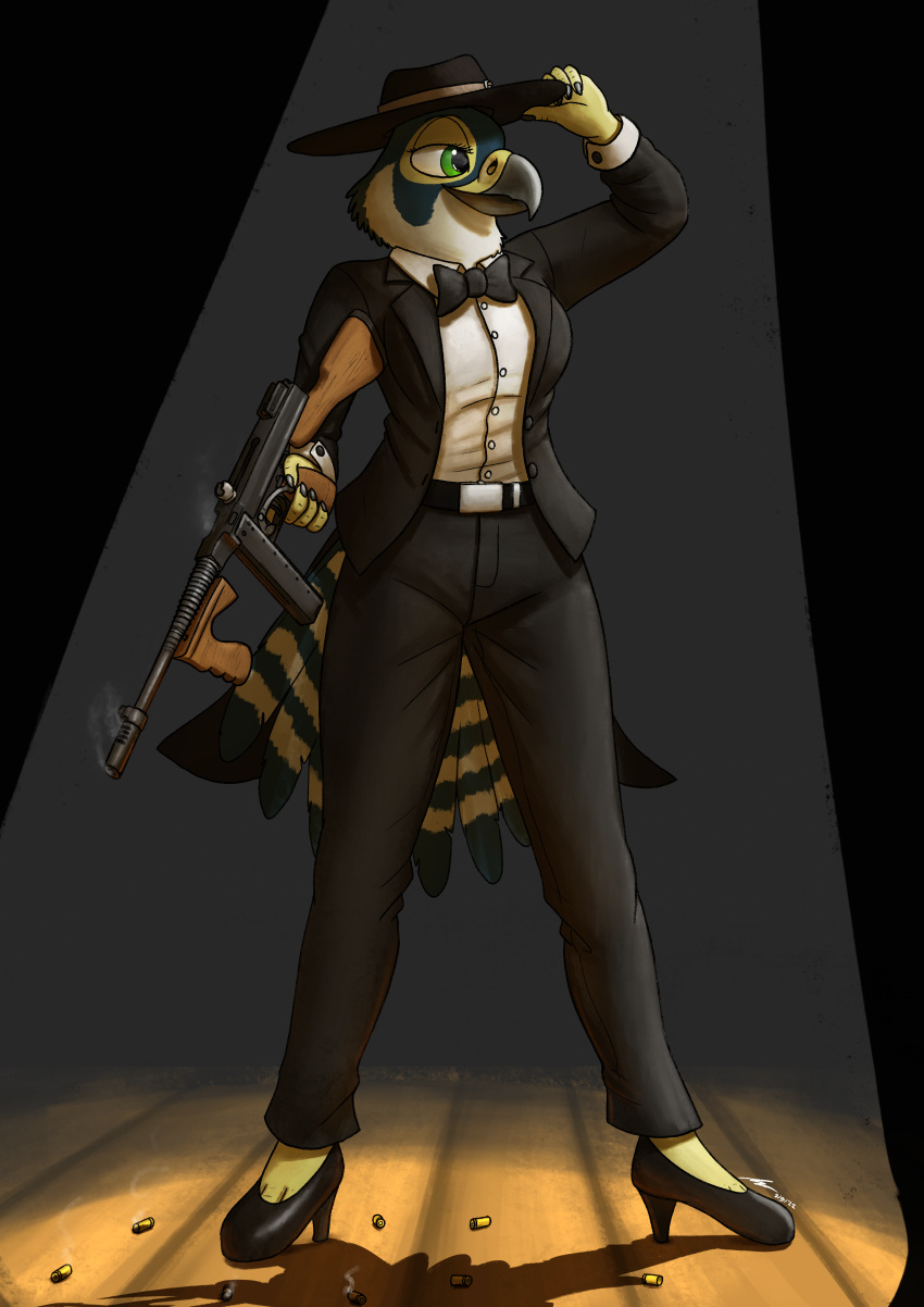 absurd_res anthro avian belt_buckle bird black_tie_(suit) bottomwear bow_tie clothing dress_shirt falcon falconid female fish_birb gun hat headgear headwear hi_res katie_(fish_birb) pants peregrine_falcon ranged_weapon shirt solo submachine_gun suit suit_jacket thompson_gun topwear weapon