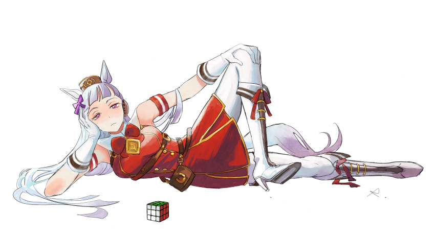 1girl animal_ears bangs bare_shoulders boots bow bowtie brown_headwear closed_mouth full_body gloves gold_ship_(umamusume) hair_bow hand_on_own_cheek hand_on_own_face high_heel_boots high_heels highres horse_ears horse_girl horse_tail long_hair looking_at_viewer looking_back lying on_side pants red_bow red_bowtie red_shirt rosette_(roze-ko) rubik's_cube shirt shoe_soles simple_background sleeveless sleeveless_shirt solo tail umamusume white_background white_footwear white_gloves white_pants