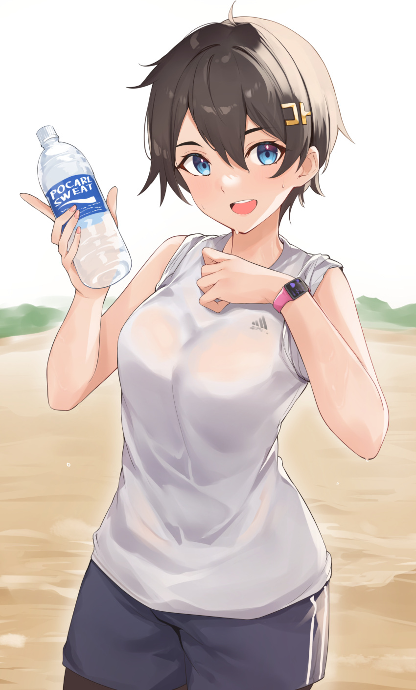 1girl :d adidas bangs bare_arms bare_shoulders black_hair black_legwear black_shorts blue_eyes bottle breasts commentary_request eyebrows_visible_through_hair hair_between_eyes hair_ornament hairclip hands_up highres holding holding_bottle legwear_under_shorts medium_breasts original outdoors pantyhose pocari_sweat shirt short_hair short_shorts shorts sleeveless sleeveless_shirt smile solo standing sweat tapioka_(oekakitapioka) teeth upper_teeth water_bottle white_background white_shirt