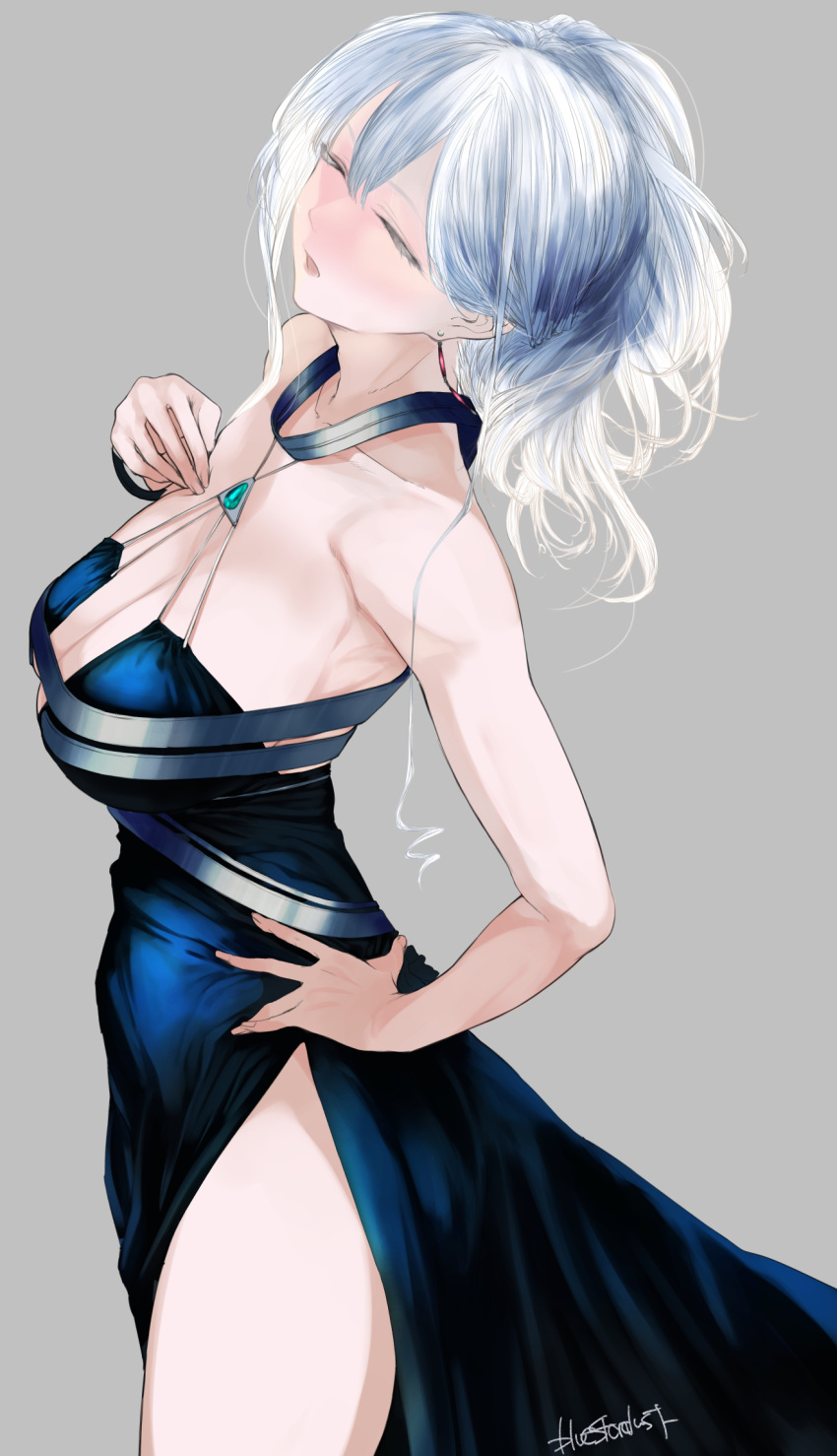 1girl ak-12_(girls'_frontline) ak-12_(quiet_azure)_(girls'_frontline) bangs blue_dress breasts cleavage closed_eyes commentary_request dress from_side girls'_frontline hand_on_hip hand_on_own_chest high_ponytail highres kojima_(blue_stardust) large_breasts open_mouth pale_skin side_slit signature silver_hair thighs