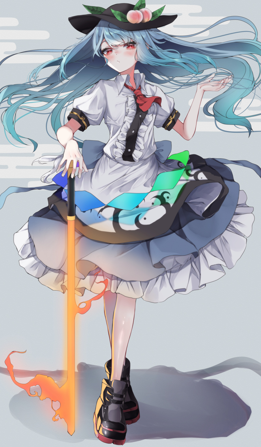 1girl :/ absurdres ascot bangs black_headwear blue_hair blue_skirt blush boots center_frills closed_mouth commentary eyebrows_behind_hair flaming_sword flaming_weapon floating_hair frills full_body grey_background hand_up hat highres hinanawi_tenshi long_hair looking_at_viewer peach_hat_ornament petticoat puffy_short_sleeves puffy_sleeves red_ascot red_eyes shirt short_sleeves simple_background skirt solo standing sword_of_hisou touhou tsune_(tune) very_long_hair white_shirt wing_collar