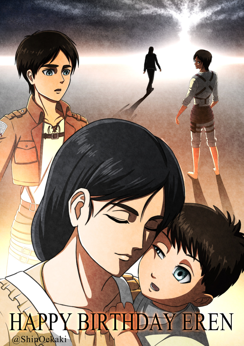 1boy 1girl absurdres age_progression baby black_hair brown_hair carla_yeager cheek-to-cheek chest_belt closed_eyes cropped_jacket eren_yeager green_eyes happy_birthday heads_together highres jacket leather leather_jacket long_hair mother_and_son official_style pants paradis_military_uniform scene_reference shadow shin_oekaki shingeki_no_kyojin shirt short_hair thick_eyebrows white_pants white_shirt
