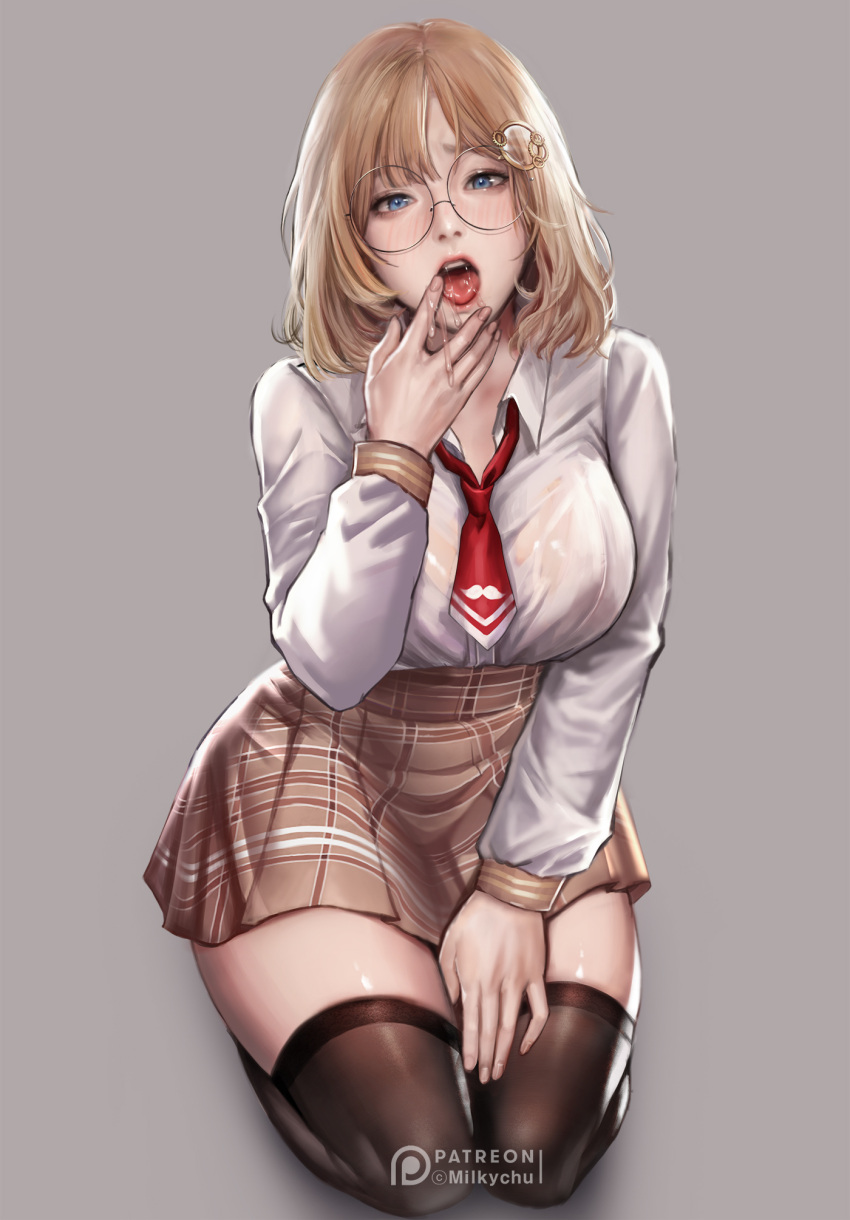 1girl artist_name bangs blonde_hair blue_eyes blush breasts brown_skirt collared_shirt commentary drooling english_commentary full_body glasses grey_background hair_ornament hand_on_own_leg hand_up highres hololive hololive_english large_breasts long_sleeves looking_at_viewer medium_hair milkychu mixed-language_commentary monocle_hair_ornament mustache_print necktie open_mouth patreon_logo patreon_username print_necktie red_necktie rimless_eyewear round_eyewear saliva seiza shirt shirt_tucked_in simple_background sitting skirt sleeve_cuffs solo teeth thighhighs thighs tongue upper_teeth virtual_youtuber watson_amelia white_shirt zettai_ryouiki