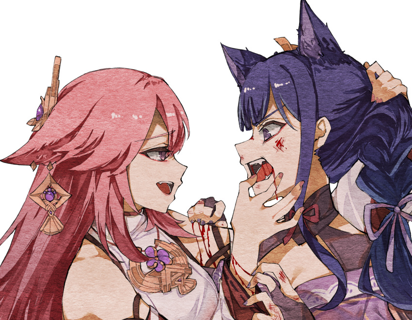 2girls absurdres animal_ears blood blood_in_mouth blood_on_arm blood_on_face blood_on_hands braid braided_ponytail detached_sleeves dog_ears eyebrows_visible_through_hair fangs finger_in_mouth fox_ears genshin_impact highres holding_another's_head japanese_clothes kimono long_hair miko multiple_girls obiage open_mouth pink_hair priestess purple_eyes purple_kimono purple_nails raiden_shogun scratches wide_sleeves yae_miko yunonon