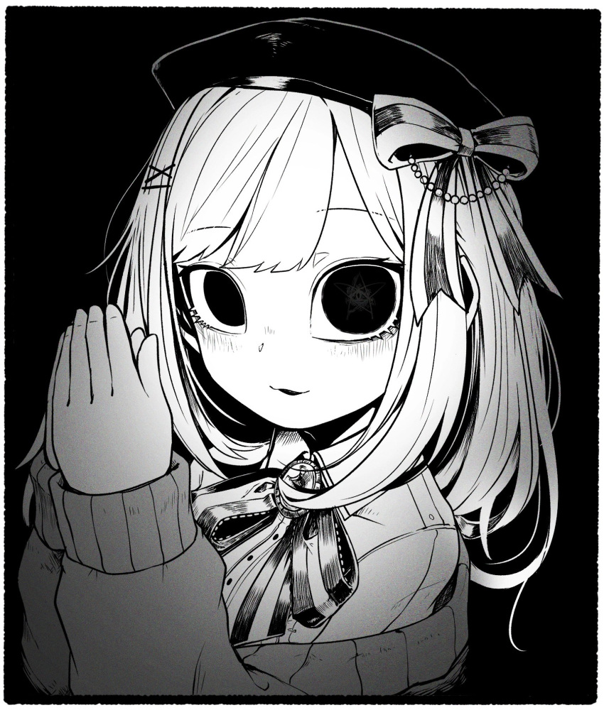 1girl beret black_eyes bow bowtie brooch cardigan greyscale hair_bow hair_ornament hat hatyuuruinohito highres jewelry looking_at_viewer medium_hair monochrome nijisanji own_hands_together smile solo suzuhara_lulu upper_body virtual_youtuber x_hair_ornament