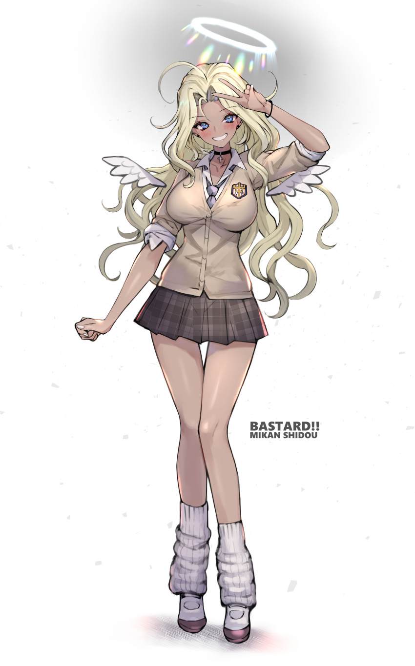 1girl absurdres angel angel_wings artist_request bastard!! black_choker blonde_hair blue_eyes blush bracelet brown_skirt choker copyright_name earrings eyelashes gyaru halo happy highres jewelry kogal leg_warmers long_hair looking_at_viewer michael_(bastard!!) necktie school_uniform shirt shoes simple_background skirt sleeves_rolled_up smile solo source_request standing v white_background white_legwear white_shirt wings