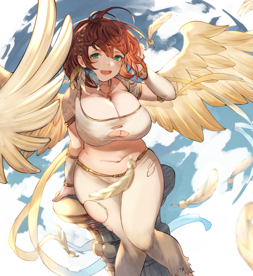 1girl ahoge angel_wings arm_support arm_up ayacho blush breasts cleavage cloud cloudy_sky collarbone commission detached_sleeves dot_nose feather_hair_ornament feathered_wings feathers gold_trim green_eyes hair_ornament highres jewelry looking_at_viewer midriff navel necklace open_mouth orange_hair original pedestal ribbon sierra_(ramzyuu) sky solo tareme torn_clothes torn_legwear wings