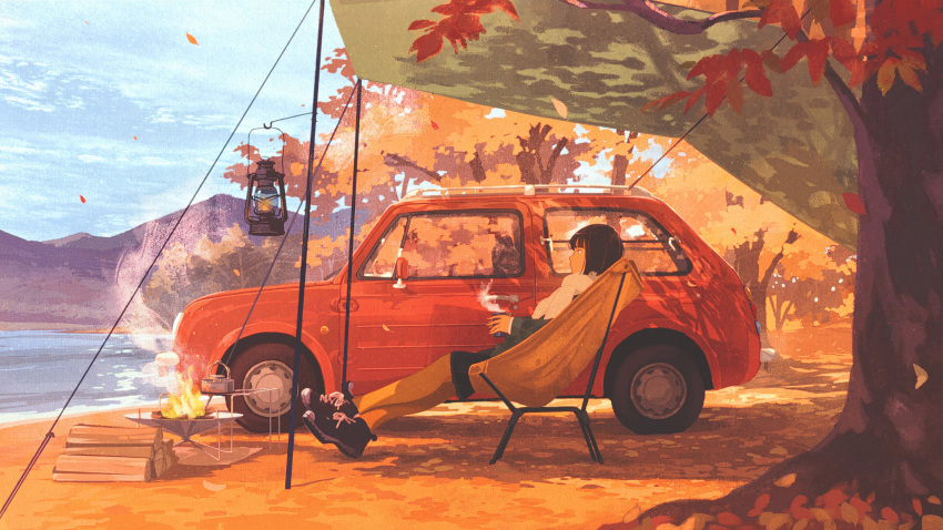1girl absurdres autumn autumn_leaves bangs black_footwear black_hair car chair cloud cloudy_sky commentary_request crossed_ankles cup dappled_sunlight fire from_side gemi ground_vehicle highres holding holding_cup lake lantern motor_vehicle mountain original outdoors shoes short_hair sitting sky smoke sneakers solo sunlight tree