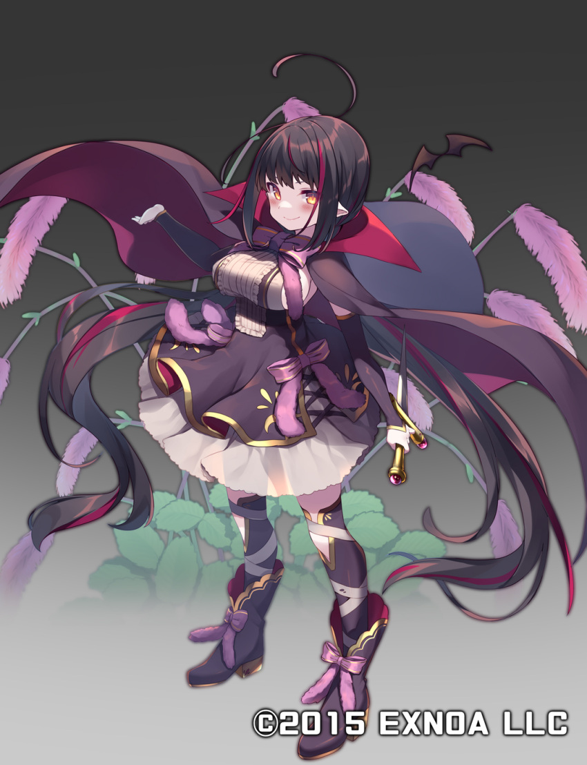 1girl ahoge black_hair blush boots bow bowtie breasts cape commentary_request dagger detached_sleeves flower_knight_girl footwear_bow full_body gradient gradient_background grey_background highres karaitosou_(flower_knight_girl) knife large_breasts long_hair long_sleeves multicolored_hair official_art pointy_ears purple_bow red_hair see-through_silhouette smirk solo standing streaked_hair thighhighs usamata very_long_hair weapon yellow_eyes
