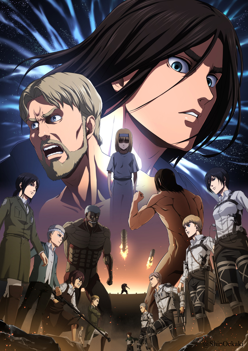 5girls 6+boys absurdres aircraft airship armin_arlert armored_titan bandaged_head bandages battle beard beast_titan black_hair black_pants blonde_hair brothers child collared_shirt colt_grice connie_springer duel embers eren_yeager facial_hair falco_grice gabi_braun giant green_eyes gun hange_zoe highres holding holding_gun holding_weapon jean_kirchstein levi_(shingeki_no_kyojin) long_hair marley_military_uniform mikasa_ackerman multiple_boys multiple_girls official_style pants parted_lips pieck_finger porco_galliard reiner_braun shin_oekaki shingeki_no_kyojin shirt siblings sky spoilers star_(sky) starry_sky thick_eyebrows three-dimensional_maneuver_gear titan_(shingeki_no_kyojin) weapon ymir_fritz zeke_yeager