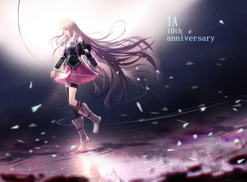 1girl absurdres asymmetrical_legwear black_choker black_jacket black_legwear blue_eyes boots character_name choker commentary_request floating_hair full_body highres ia_(vocaloid) jacket kneehighs long_hair long_sleeves maboroshi_hane miniskirt off_shoulder pink_skirt pleated_skirt profile silver_hair single_kneehigh single_thighhigh skirt solo standing thighhighs very_long_hair vocaloid white_footwear