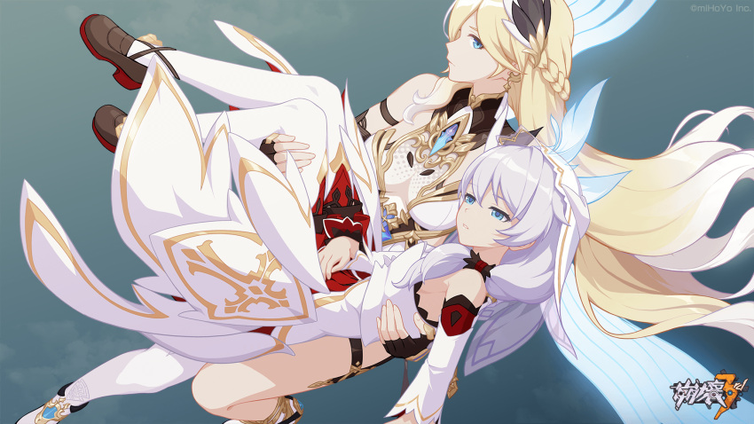 2girls armor bangs bare_shoulders bianka_durandal_ataegina bianka_durandal_ataegina_(palatinus_equinox) blonde_hair blue_eyes brown_footwear brown_gloves carrying carrying_person closed_mouth dress fingerless_gloves full_body gloves highres honkai_(series) honkai_impact_3rd long_hair looking_at_viewer multiple_girls official_art shoes side_ponytail single_thighhigh theresa_apocalypse theresa_apocalypse_(celestial_hymn) thighhighs white_dress white_footwear white_legwear white_sleeves