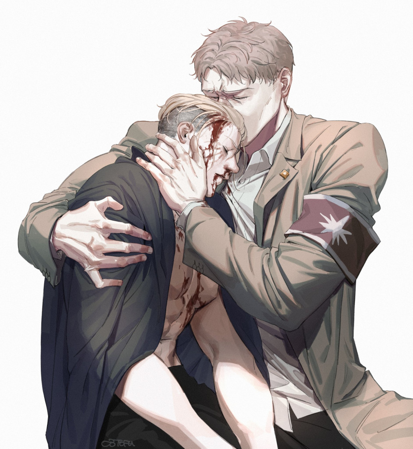 2boys abs armband bare_pectorals black_pants blood blood_on_face collared_shirt couple death feet_out_of_frame hand_on_another's_face head_kiss highres jacket jacket_on_shoulders leaning_on_person male_focus marley_military_uniform multiple_boys o3tofu pants pectorals porco_galliard reiner_braun sad shingeki_no_kyojin shirt short_hair spoilers toned toned_male undercut yaoi