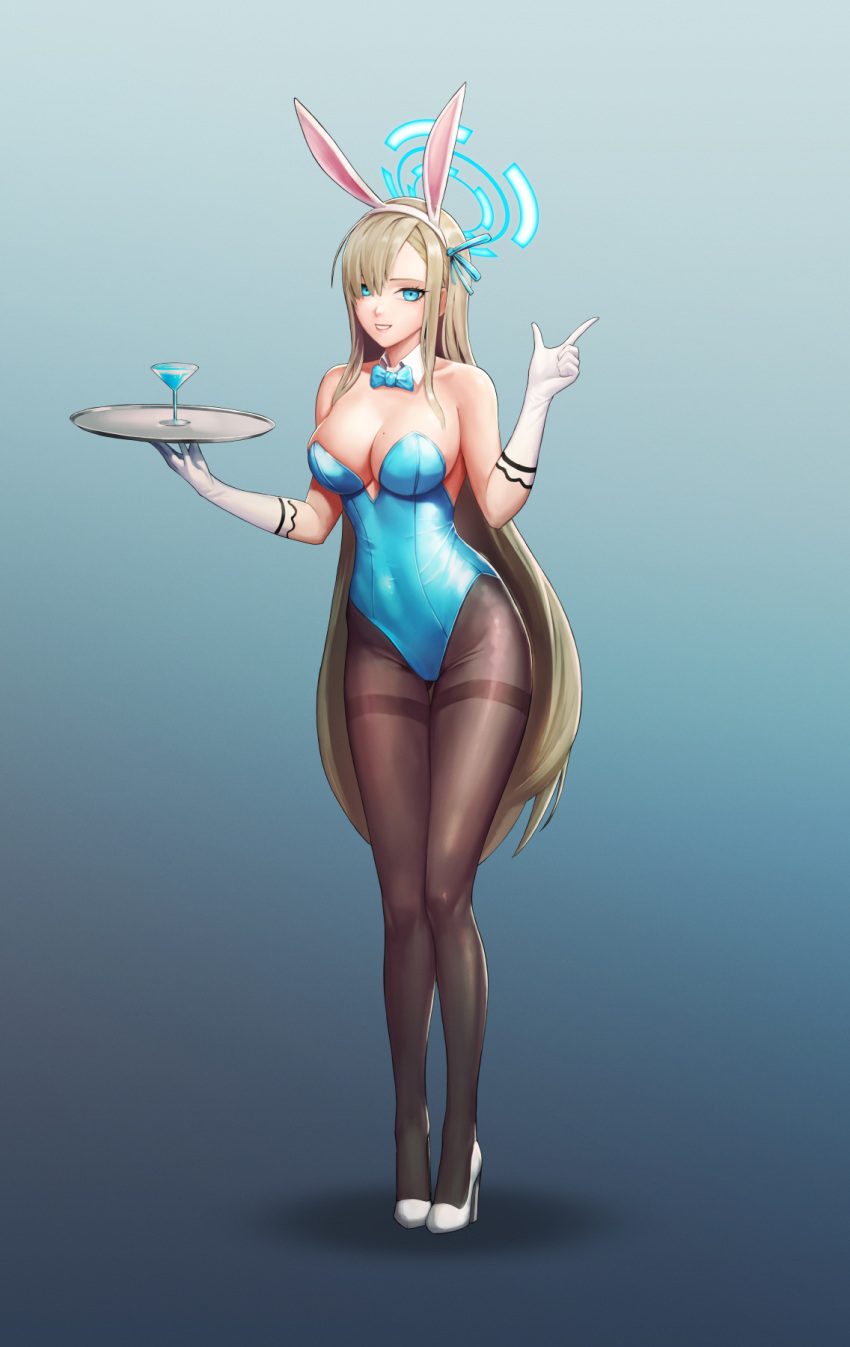 1girl animal_ears aqua_bow aqua_bowtie aqua_eyes aqua_leotard asuna_(blue_archive) bangs blonde_hair blue_archive blue_background blue_eyes blue_leotard bow bowtie breasts cleavage covered_navel cup detached_collar drink drinking_glass extra_ears fake_animal_ears full_body gloves gradient gradient_background hair_over_one_eye hair_ribbon hairband halo hands_up high_heels highres holding holding_tray large_breasts leotard light_brown_hair long_hair looking_at_viewer mole mole_on_breast pantyhose playboy_bunny rabbit_ears ribbon simonz1987 smile solo standing stiletto_heels strapless strapless_leotard swept_bangs thighband_pantyhose tray very_long_hair white_gloves