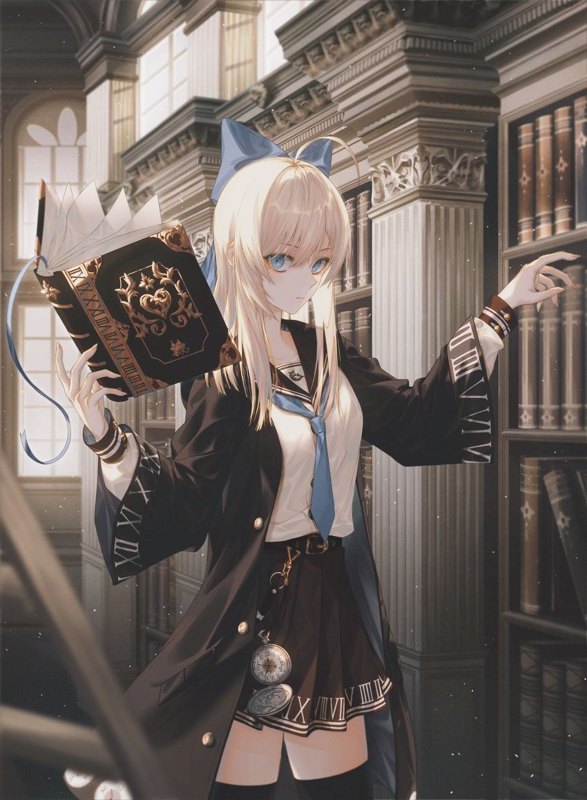 1girl 2no_(pixiv75196219) ahoge black_coat black_legwear black_sailor_collar black_skirt blonde_hair blue_bow blue_neckerchief blurry blurry_foreground book bookshelf bow coat collarbone collared_shirt floating floating_book floating_object hair_bow highres indoors ladder long_hair long_sleeves looking_at_viewer magic miniskirt neckerchief open_clothes open_coat original pleated_skirt print_skirt sailor_collar sailor_shirt shiny shiny_hair shirt skirt solo thighhighs white_shirt zettai_ryouiki