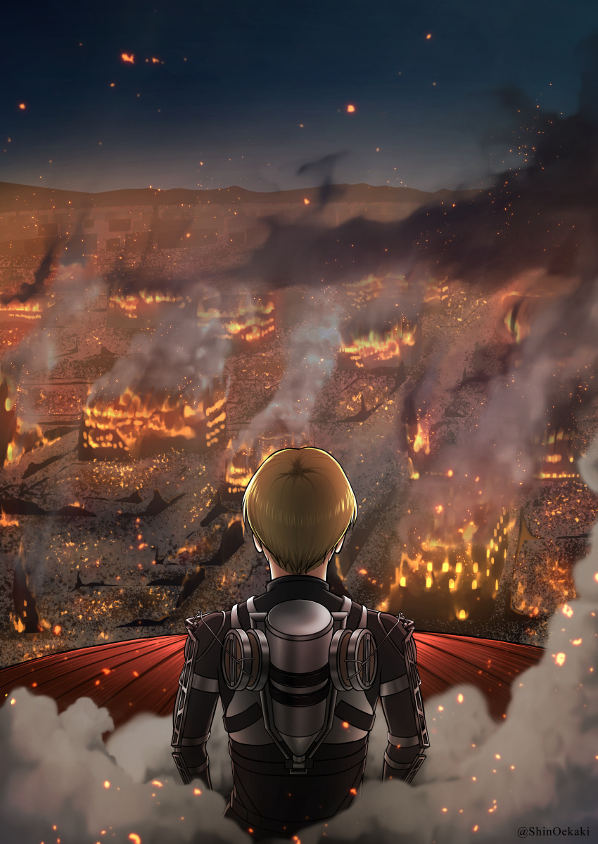 1boy absurdres armin_arlert blonde_hair colossal_titan destruction embers fire from_above from_behind highres looking_away male_focus official_alternate_costume official_style scene_reference shin_oekaki shingeki_no_kyojin smoke solo spoilers three-dimensional_maneuver_gear upper_body