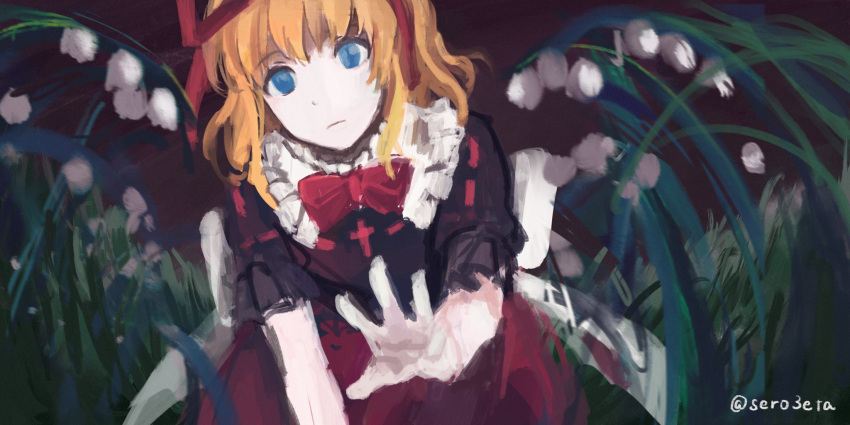 1girl blonde_hair blue_eyes bow commentary doll frilled_shirt frilled_shirt_collar frilled_sleeves frills highres lily_pad medicine_melancholy nameless_hill one-hour_drawing_challenge outdoors puffy_short_sleeves puffy_sleeves reaching_out red_bow red_neckwear red_ribbon ribbon sero3eta shirt short_hair short_sleeves solo touhou