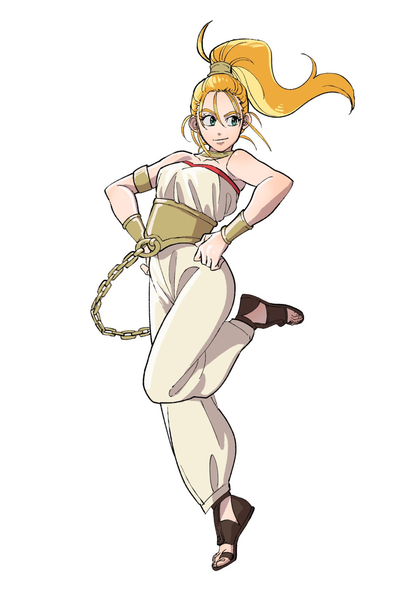 1girl blonde_hair bracelet breasts chrono_trigger closed_mouth full_body green_eyes hair_ornament highres hikari_shibata jewelry long_hair marle_(chrono_trigger) ponytail simple_background smile solo toeless_footwear white_background