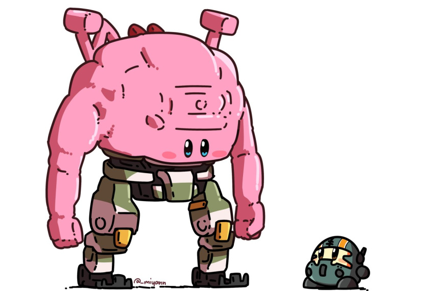 blue_eyes blush bt-7274 clenched_hands cosplay crossover helmet jack_cooper jack_cooper_(cosplay) kirby kirby_(series) kirby_and_the_forgotten_land mecha miyan_(oceanmaiden) mouthful_mode no_humans parody radio_antenna science_fiction titanfall_(series) titanfall_2 waddle_dee white_background