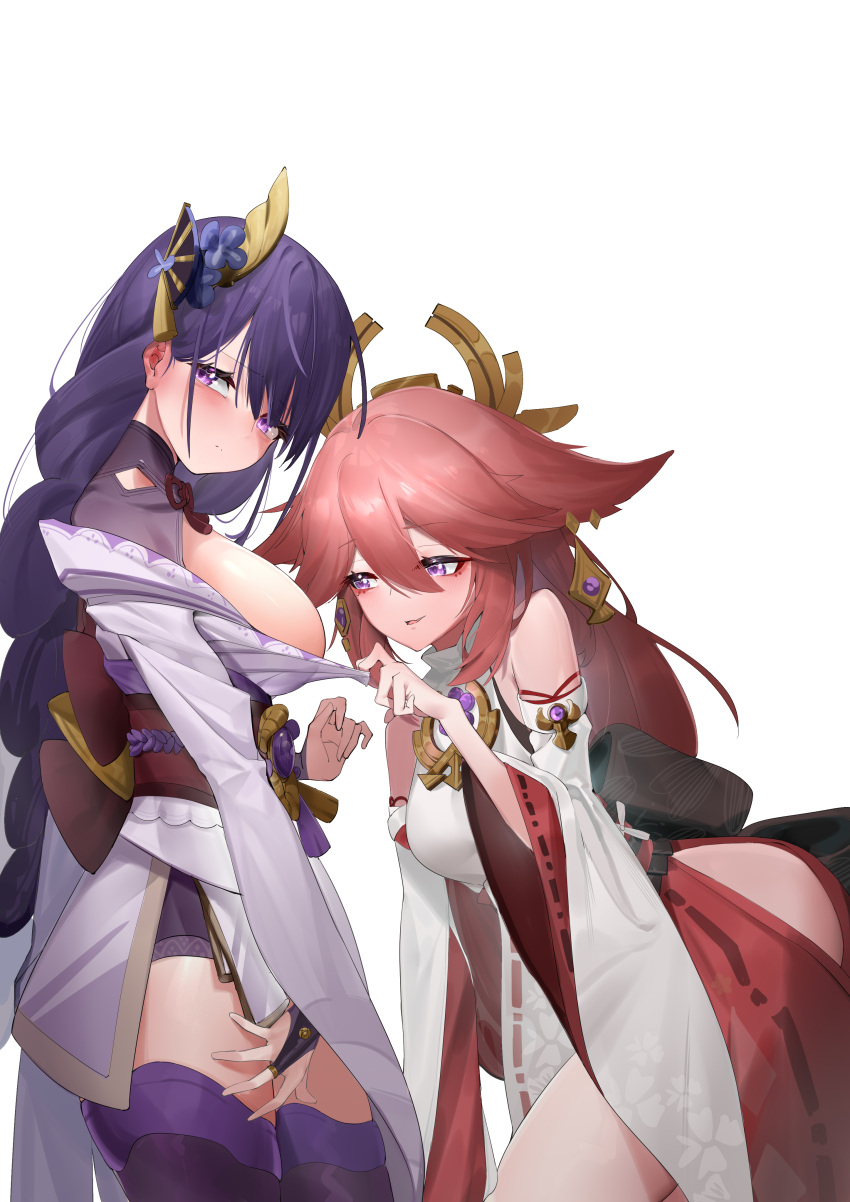 2girls absurdres animal_ears bare_shoulders blush breasts cool_est fox_ears fox_girl from_side genshin_impact hair_between_eyes hair_ornament half-closed_eyes highres japanese_clothes kimono kimono_pull large_breasts long_sleeves looking_away miko multiple_girls pink_hair purple_eyes purple_hair purple_kimono purple_legwear raiden_shogun simple_background smile thighhighs white_background wide_sleeves yae_miko yuri