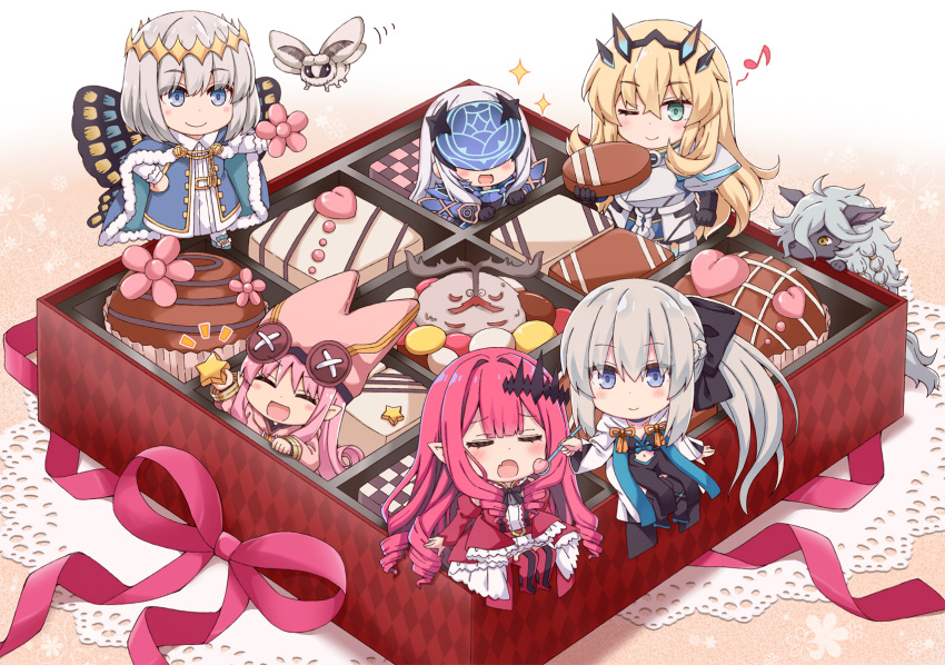 1boy 5girls armor blush box box_of_chocolates bug butterfly_wings cape cernunnos_(fate) chibi chocolate closed_eyes commentary cupcake fairy_knight_gawain_(fate) fairy_knight_lancelot_(fate) fairy_knight_tristan_(fate) fate/grand_order fate_(series) flower food habetrot_(fate) hat highres in_box in_container morgan_le_fay_(fate) moth multiple_girls musical_note oberon_(fate) one_eye_closed open_mouth pointy_ears ribbon rioshi smile star_(symbol) wings woodwose_(fate)