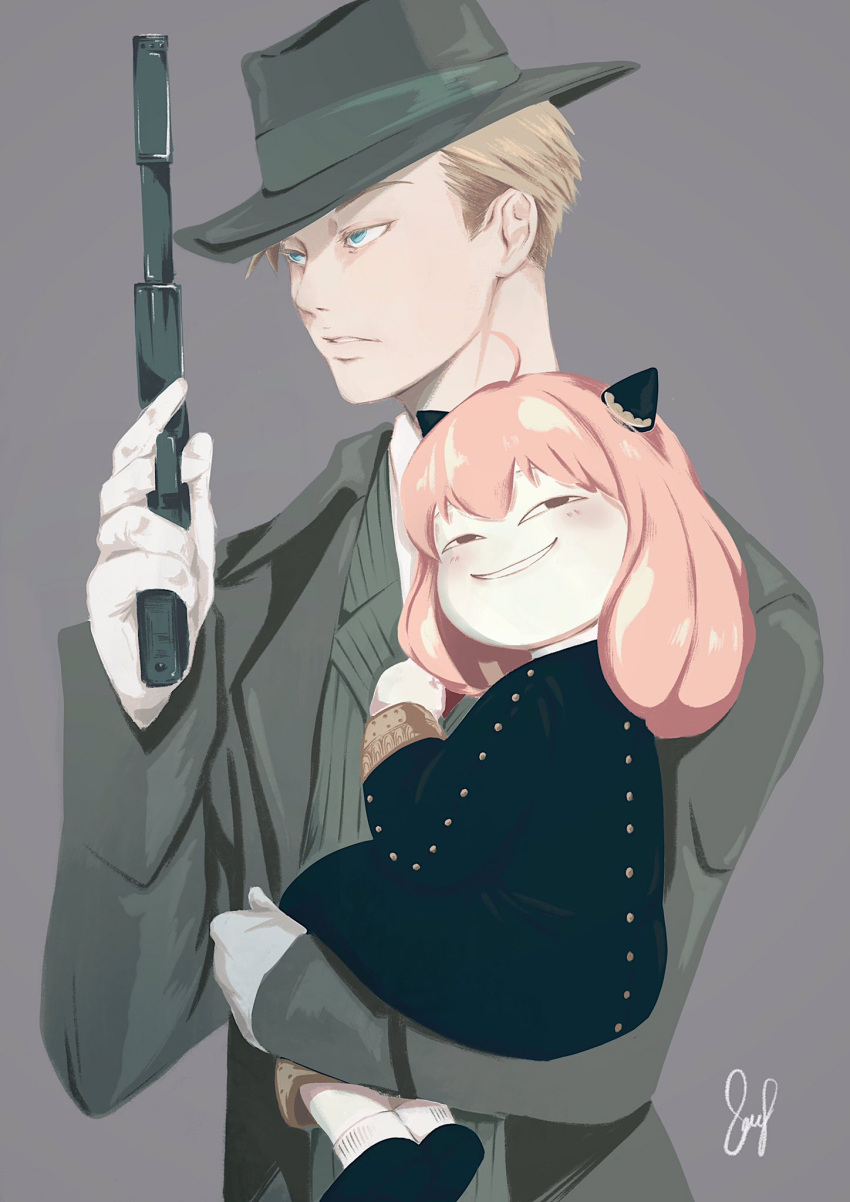 1boy 1girl ahoge anya_(spy_x_family) black_dress black_eyes black_footwear blonde_hair blue_eyes blurr_blur blush carrying carrying_person child dress fedora formal gloves grey_background grey_headwear grey_suit gun hair_ornament handgun hat highres holding holding_gun holding_weapon horn_ornament horns long_sleeves looking_to_the_side medium_hair parent_and_child pink_hair pistol serious shoes signature simple_background smile smug spy_x_family suit suppressor thai_commentary twilight_(spy_x_family) upper_body weapon white_gloves