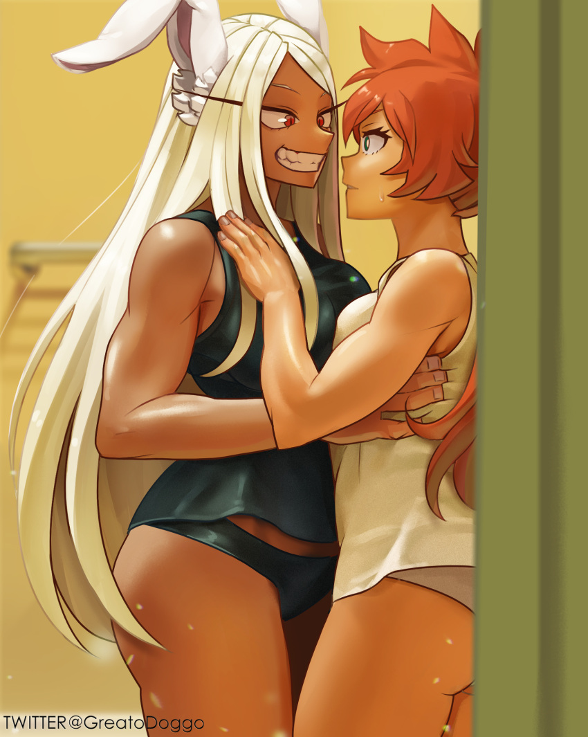 2girls animal_ears bare_arms bathroom black_panties black_tank_top blue_eyes boku_no_hero_academia commentary cowboy_shot dark-skinned_female dark_skin eye_contact greatodoggo grin hand_on_another's_chest highres indoors kendou_itsuka long_hair looking_at_another mirko multiple_girls no_pants open_mouth orange_hair panties rabbit_ears red_eyes smile sweat tank_top toned twitter_username underwear white_hair white_tank_top yuri