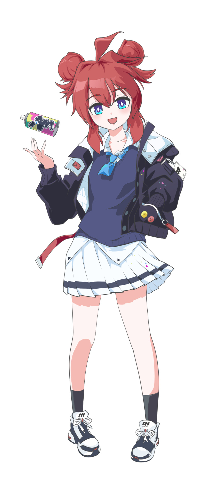 1girl :d absurdres ahoge black_legwear blue_archive blue_eyes blue_necktie collared_shirt double_bun eyebrows_visible_through_hair full_body hair_between_eyes hand_in_pocket highres jacket light_blush looking_at_viewer maki_(blue_archive) nagune necktie open_clothes open_jacket open_mouth pleated_skirt red_hair shirt shoes sidelocks simple_background skirt smile sneakers solo spray_can spray_paint standing sweater_vest white_background white_footwear