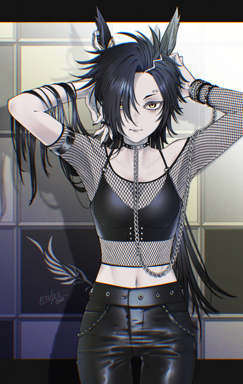1girl absurdres air_shakur_(umamusume) animal_ears arms_up artist_name asymmetrical_bangs asymmetrical_sleeves bangs belt black_hair black_nails black_pants blonde_hair breasts chain closed_mouth collar cowboy_shot crop_top eyebrow_piercing fishnet_top fishnets hair_over_one_eye hands_in_hair highres horse_ears jewelry leather leather_pants letterboxed lips long_hair looking_at_viewer midriff multiple_rings navel outside_border pants piercing puzzle157xxx ring small_breasts solo umamusume uneven_sleeves