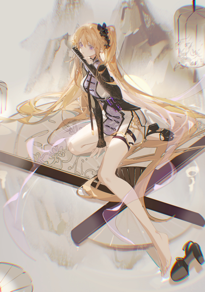 1girl arknights bangs bare_legs barefoot black_bow black_footwear blonde_hair bow breasts closed_fan closed_mouth dress eyebrows_behind_hair folding_fan hair_bow hand_fan high_heels highres holding holding_fan indigo_(arknights) indigo_(serene_day)_(arknights) legs long_hair long_sleeves medium_breasts mountain official_alternate_costume one_side_up pointy_ears purple_eyes samo_(shichun_samo) shoe_removed shoes single_shoe sitting sleeves_past_wrists solo test_tube thigh_strap very_long_hair