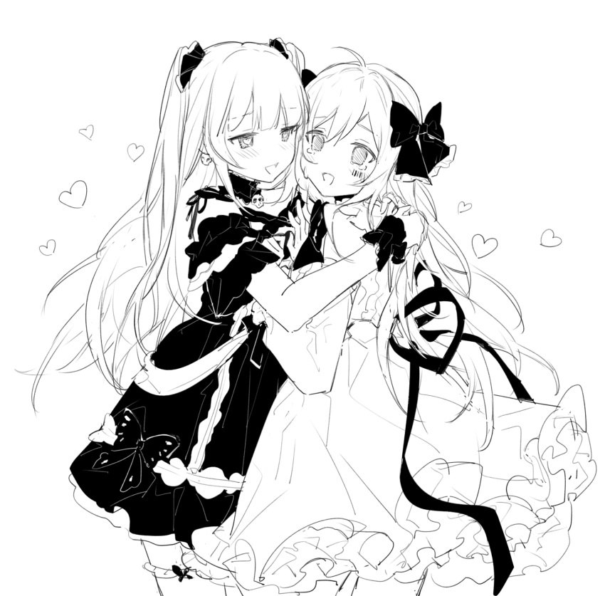 2girls :d ahoge bangs barcode barcode_tattoo bow cowboy_shot crying dress dress_bow earrings facial_tattoo frilled_dress frills genderswap genderswap_(mtf) greyscale hair_bow heart heart-shaped_pupils highres hololive jewelry long_hair long_sleeves mafumafu manun-chan mechari monochrome multiple_girls niconico puffy_long_sleeves puffy_sleeves shorts sidelocks simple_background sketch skull_earrings smile symbol-shaped_pupils tattoo tearing_up thighhighs two_side_up uruha_rushia utaite_(singer) very_long_hair virtual_youtuber white_background wrist_cuffs yuri