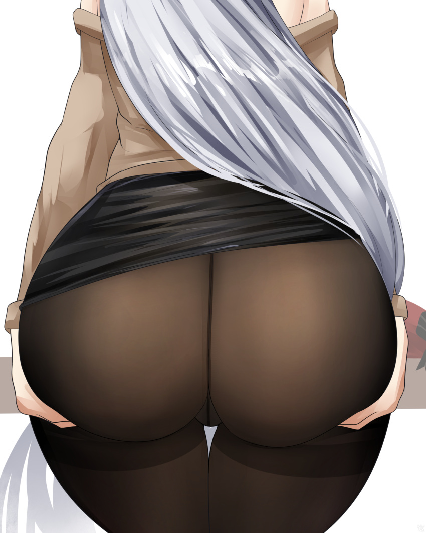 1girl ass ass_focus ass_grab azur_lane belfast_(azur_lane) belfast_(shopping_with_the_head_maid)_(azur_lane) black_skirt brown_legwear brown_sweater chinese_commentary crotch_seam from_behind grabbing_own_ass highres long_hair lower_body miniskirt off-shoulder_sweater off_shoulder official_alternate_costume pantyhose pencil_skirt sana!rpg silver_hair simple_background skirt solo sweater thigh_gap thighband_pantyhose very_long_hair white_background