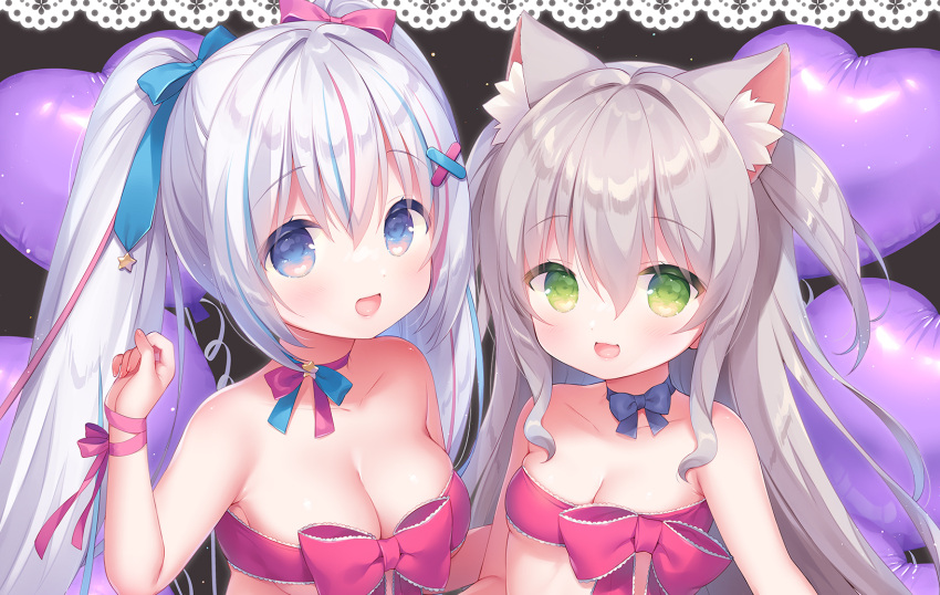 2girls :d animal_ear_fluff animal_ears balloon black_background blue_choker blue_eyes blue_hair bow breasts cat_ears choker cleavage collarbone grey_hair hair_ornament hairclip hand_up heart_balloon highres itoshino_tesla long_hair masquerade_channel medium_breasts multicolored_hair multiple_girls naked_ribbon nekoda_pepero pink_hair red_bow red_ribbon ribbon silver_hair small_breasts smile streaked_hair twintails two_side_up upper_body usashiro_mani very_long_hair virtual_youtuber x_hair_ornament