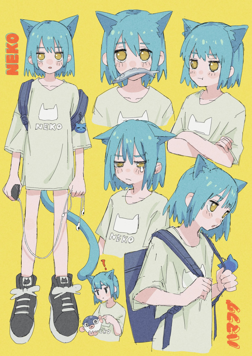 1girl ? animal animal_ear_fluff animal_ears animal_print backpack bag black_eyes black_footwear blue_bag blue_hair blush cat_print cellphone character_name closed_mouth clothes_writing collarbone crossed_arms crying crying_with_eyes_open earbuds earphones eyebrows_visible_through_hair fang fish fish_in_mouth food_in_mouth hair_between_eyes hamafugu highres holding holding_animal holding_fish holding_phone keychain light_blue_hair medium_hair open_mouth original phone pout puffer_fish shoes simple_background sketch skin_fang sneakers solo tail tears yellow_background yellow_eyes