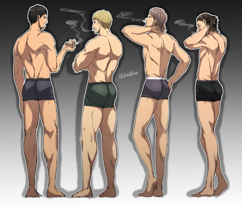 4boys ass bertolt_hoover black_male_underwear blonde_hair bun_(bbb81bun) cigarette eren_yeager from_behind full_body green_male_underwear grey_male_underwear highres jean_kirchstein male_focus male_underwear medium_hair multiple_boys muscular muscular_male older pectorals reiner_braun shingeki_no_kyojin short_hair smoking thick_thighs thighs toned toned_male underwear underwear_only