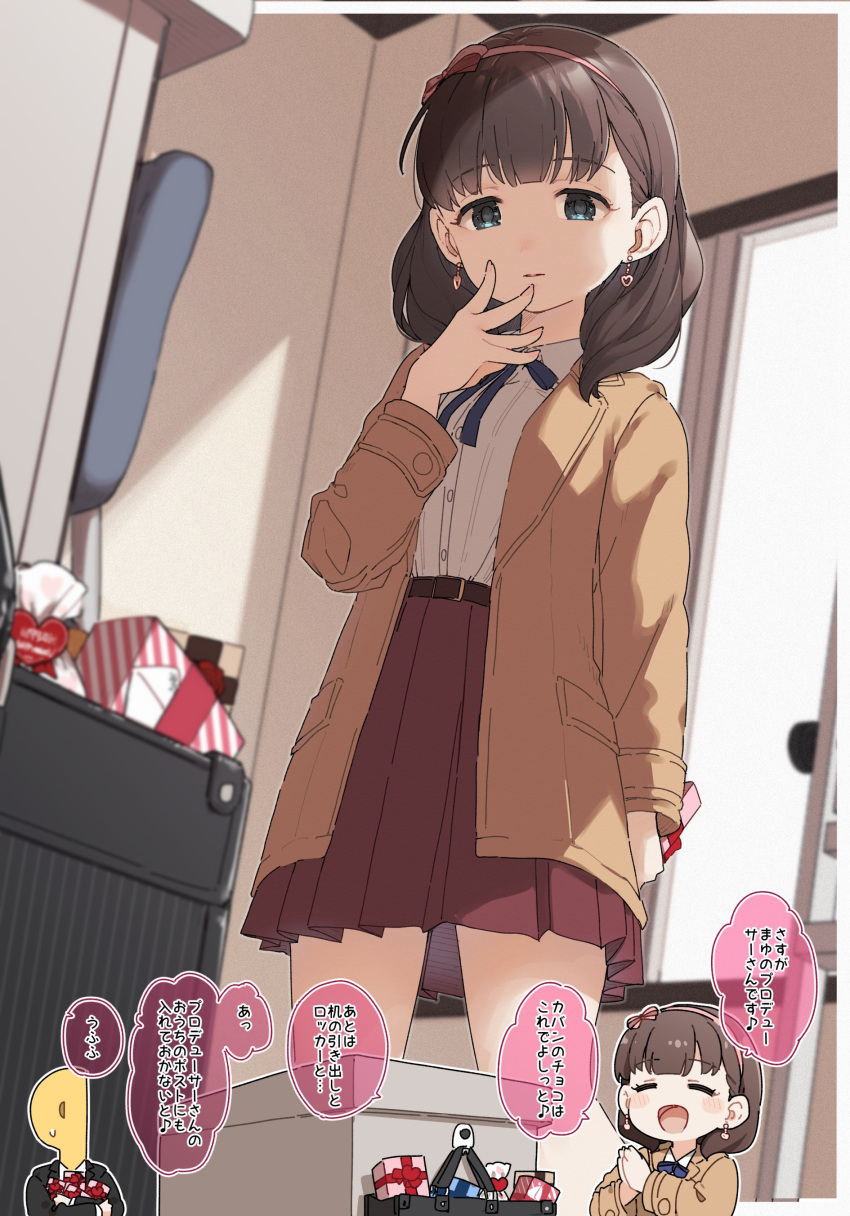 1girl 1other :d ^_^ absurdres bangs black_jacket blue_eyes blush bow box brown_bow brown_hair brown_hairband brown_jacket brown_skirt chibi closed_eyes closed_mouth collared_shirt commentary dress_shirt earrings eyebrows_visible_through_hair gift gift_box hair_bow hairband hand_to_own_mouth hand_up heart heart_earrings highres holding holding_gift idolmaster idolmaster_cinderella_girls jacket jewelry long_sleeves open_clothes open_jacket p-head_producer pleated_skirt producer_(idolmaster) sakuma_mayu shirt skirt smile standing sweat translated white_shirt yukie_(kusaka_shi)