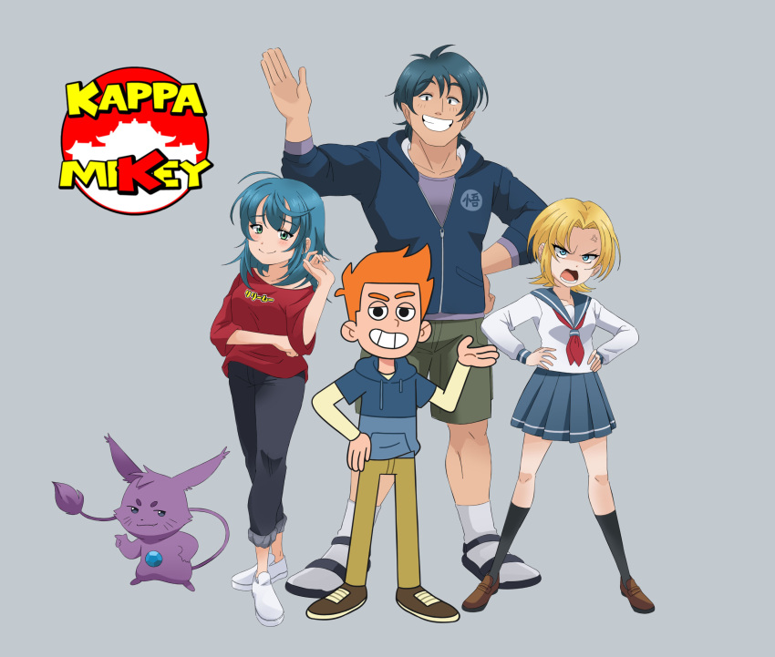 2boys 2girls alternate_design anger_vein angry arm_up beige_pants black_legwear blue_hair blue_jacket blue_pants blue_sailor_collar blue_shirt blue_skirt brown_footwear cargo_shorts collarbone copyright_name eyebrows_visible_through_hair gem gem_in_body gonard_(kappa_mikey) green_shorts grey_background grin guano_(kappa_mikey) hand_on_hip hands_on_hips highres jacket kappa_mikey kiana_mai light_blush lily_(kappa_mikey) logo long_hair looking_at_viewer mikey_simon mitsuki_(kappa_mikey) multiple_boys multiple_girls neckerchief open_mouth pants purple_fur red_neckerchief red_shirt sailor_collar sandals school_uniform serafuku shirt shoes short_hair shorts simple_background skirt smile socks toon_(style) waving whiskers white_footwear white_legwear white_shirt white_sleeves