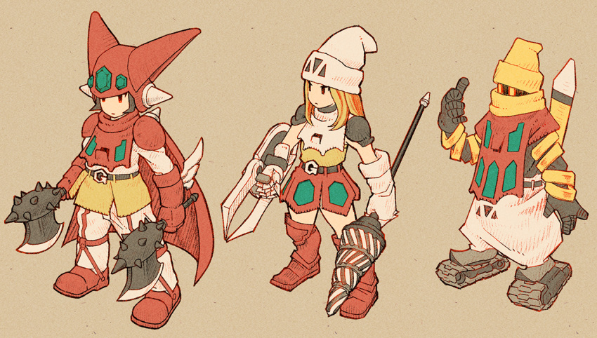 1boy 2girls axe beanie belt black_belt black_hair black_mage blonde_hair caterpillar_tracks drill dual_wielding final_fantasy final_fantasy_tactics fusion getter-1 getter-2 getter-3 getter_robo getter_robo_(1st_series) gloves hat helmet holding holding_axe holding_polearm holding_shield holding_weapon lance mecha_musume multiple_girls open_hand pants parody personification polearm red_eyes red_gloves red_skirt scarf shield skirt spikes style_parody weapon white_gloves white_pants wu_niang yellow_eyes yellow_headwear yellow_scarf yellow_skirt yoshida_akihiko_(style)