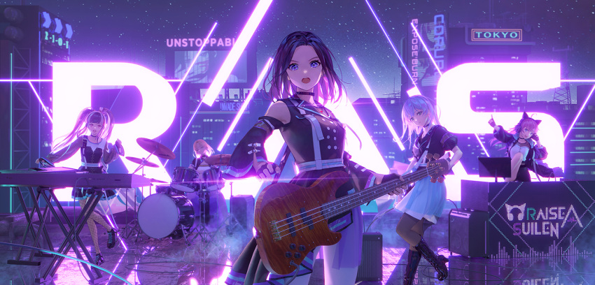5girls :d ahoge amplifier arm_up asahi_rokka bang_dream! bangs bare_shoulders bass_guitar black_choker black_dress black_footwear black_gloves black_hair black_jacket blonde_hair blue_eyes blue_hair blue_skirt blunt_bangs boots brown_legwear building buttons cat_ear_headphones choker closed_eyes closed_mouth commentary detached_sleeves dress drum drum_set electric_guitar fingerless_gloves fishnet_legwear fishnets gloves guitar hand_on_headphones hand_up hands_up headphones high_heel_boots high_heels holding holding_instrument index_finger_raised instrument jacket keyboard_(instrument) knee_boots layered_skirt leg_up long_hair long_sleeves looking_at_viewer medium_hair miniskirt monitor multicolored_hair multiple_girls music night night_sky nyuubara_reona open_clothes open_jacket open_mouth outdoors outstretched_arm pantyhose parted_bangs playing_instrument raise_a_suilen red_eyes red_hair redamon reflection satou_masuki shirt shoes short_sleeves sitting skirt sky sleeveless sleeveless_dress smile song_name standing standing_on_one_leg star_(sky) tamade_chiyu teeth twintails two-tone_hair upper_teeth v-shaped_eyebrows wakana_rei white_hair white_shirt wide_sleeves
