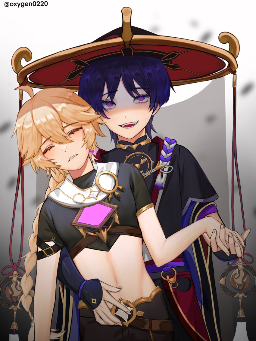 2boys aether_(genshin_impact) ahoge armor bangs black_hair black_shorts blonde_hair blue_eyes blue_hair blush braid closed_eyes crop_top earrings genshin_impact hair_between_eyes hair_ornament hat highres japanese_armor japanese_clothes jewelry jingasa long_hair long_sleeves male_focus multiple_boys open_mouth oxygen pale_skin purple_eyes purple_hair sandals scaramouche_(genshin_impact) shorts simple_background smile veil vision_(genshin_impact) yaoi