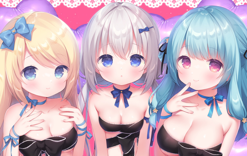 3girls :o balloon bangs black_bow black_ribbon blonde_hair blue_bow blue_choker blue_eyes blue_hair bow breasts choker cleavage closed_mouth collarbone commentary_request eyebrows_visible_through_hair grey_hair hair_between_eyes hair_bow hair_ornament hairclip hand_up hands_up heart heart_balloon highres hoshino_supika large_breasts long_hair looking_at_viewer low_twintails masquerade_channel multiple_girls naked_ribbon parted_lips pink_background red_eyes ribbon sidelocks small_breasts smile star_(symbol) star_hair_ornament tenshi_nano twintails usashiro_mani very_long_hair virtual_youtuber yumemiya_alice