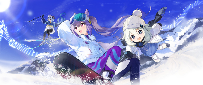 3girls absurdres arm_up artist_request bad_id bad_twitter_id beanie black_scarf blue_hair boots coat day double_bun english_commentary eyebrows_visible_through_hair ganyu_(genshin_impact) genshin_impact goggles goggles_on_head hair_ornament hat highres horns jacket keqing_(genshin_impact) long_hair multiple_girls musical_note official_art outdoors paimon_(genshin_impact) pom_pom_(clothes) purple_hair scarf ski_goggles ski_pole skier skiing sky snow snowboard snowboarding tree twintails upper_body very_long_hair white_hair white_jacket winter_clothes