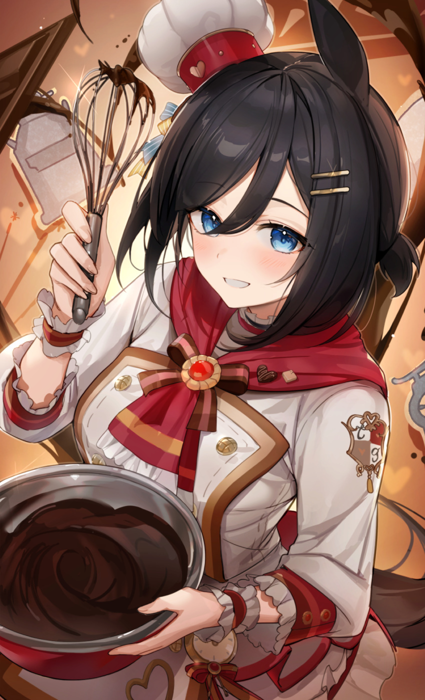1girl animal_ears black_hair blue_eyes blush bowl breasts brown_hair buttons cbi_cbi chef_hat chocolate coat crown_patisserie_(umamusume) double-breasted eishin_flash_(umamusume) food hair_ornament hairclip hat highres holding holding_chocolate holding_food holding_whisk horse_ears horse_girl horse_tail looking_at_viewer medium_breasts medium_hair open_mouth smile solo stopwatch tail teeth umamusume watch whisk white_coat wrist_cuffs