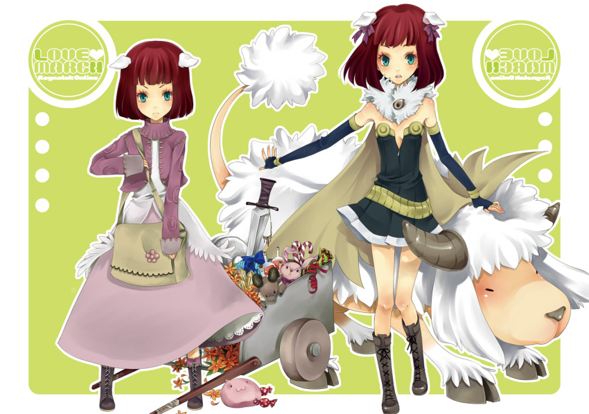 1girl :3 age_progression alchemist_(ragnarok_online) amistr_(ragnarok_online) animal_ears bag bangs baphomet_(ragnarok_online) blue_bow blue_gloves boots bow brown_cape brown_footwear candy candy_cane cape character_doll closed_mouth comiket_76 commentary_request cover cover_page cross-laced_footwear dog_ears doujin_cover dress elbow_gloves fingerless_gloves flower food full_body fur_collar gloves grey_dress hair_bow jacket looking_at_viewer magatama merchant_(ragnarok_online) open_mouth orange_flower party_popper pink_jacket pink_skirt poring potion pullcart purple_bow ragnarok_online red_hair red_ribbon ribbon sheep shirt short_dress short_hair skirt slime_(creature) strapless strapless_dress stuffed_animal stuffed_bunny stuffed_toy sword weapon white_shirt yutsuki