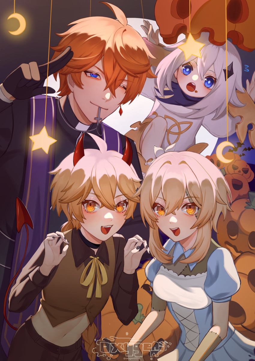 2boys 2girls absurdres aether_(genshin_impact) bangs black_gloves blonde_hair blue_eyes blush braid breasts closed_eyes crop_top demon_horns dress earrings eyebrows_visible_through_hair flower genshin_impact gloves hair_between_eyes hair_flower hair_ornament halloween_bucket halloween_costume highres horns jewelry long_hair long_sleeves looking_at_viewer lumine_(genshin_impact) male_focus mask medium_breasts medium_hair multiple_boys multiple_girls open_mouth orange_hair oxygen paimon_(genshin_impact) scarf short_hair simple_background single_braid single_earring smile tartaglia_(genshin_impact) white_dress white_hair yellow_eyes