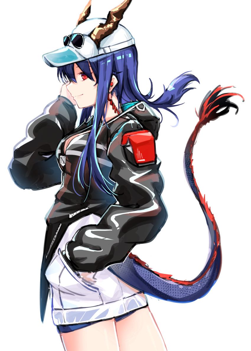 1girl arknights baseball_cap black_jacket blue_hair breasts ch'en_(arknights) ch'en_the_holungday_(arknights) cleavage closed_mouth cowboy_shot dragon_girl dragon_horns dragon_tail earpiece hand_in_pocket hand_up hat highres hood hooded_jacket horns horns_through_headwear jacket long_hair long_sleeves medium_breasts profile profnote red_eyes sidelocks simple_background smile solo sunglasses tail tail_through_clothes white_background
